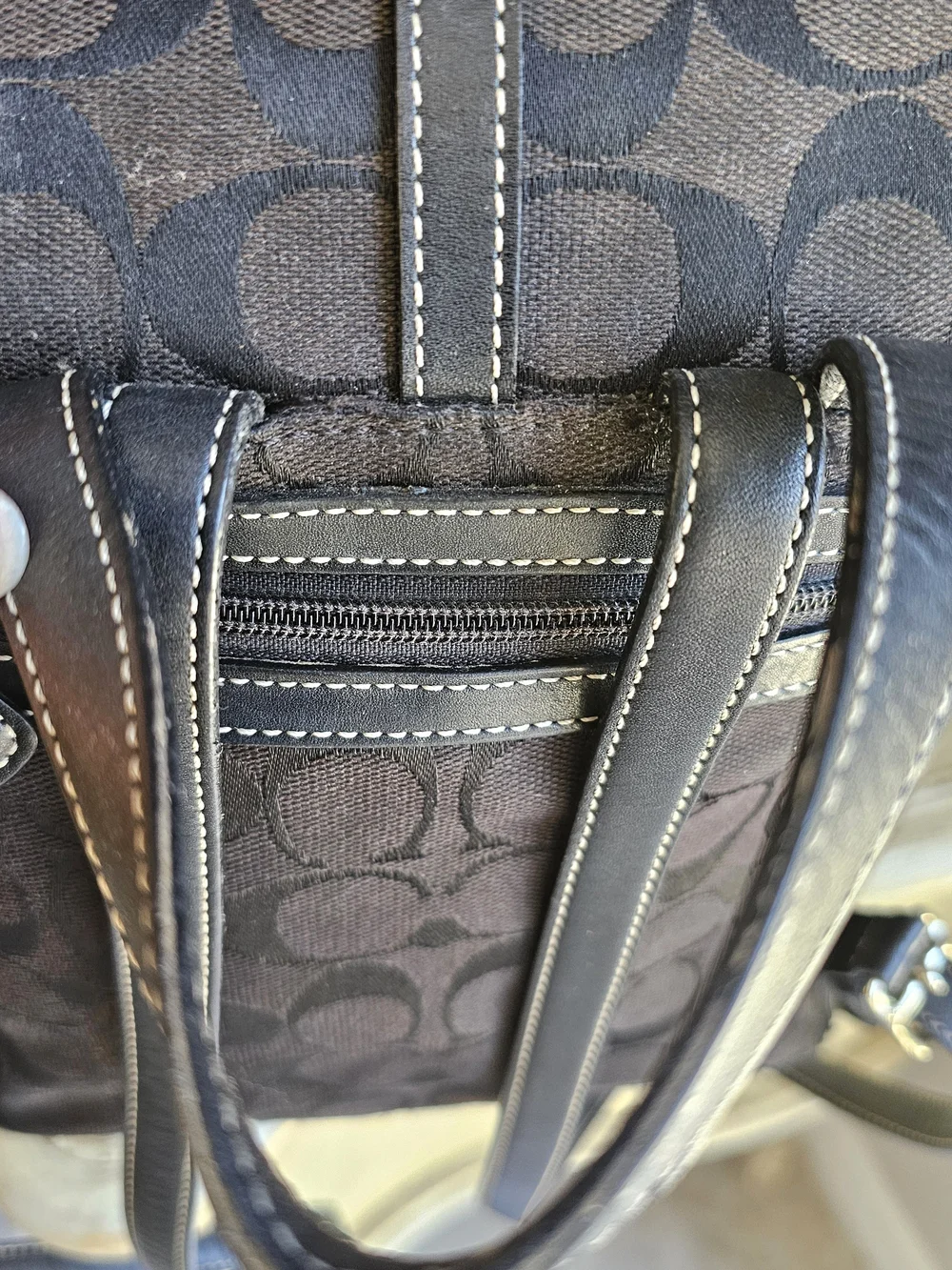 Vintage Coach Signature Canvas Drawstring Backpack Black Leather Trim Monogram